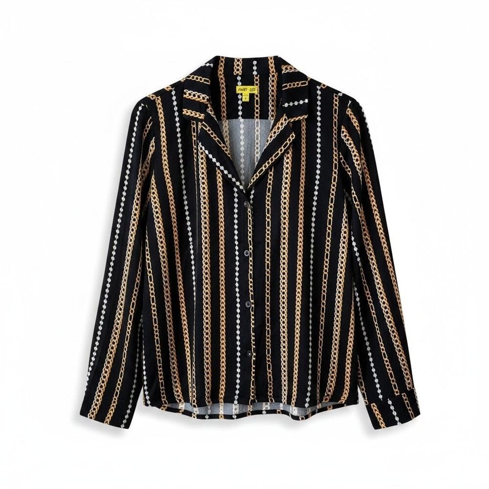 Shady Lady New Pajama Top Blouse Black Gold Chain Baroque Button Down Shirt M